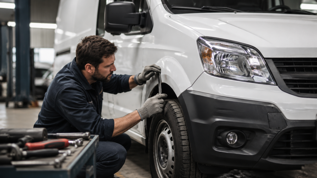 Mechanic inspecting a white van in a repair workshop